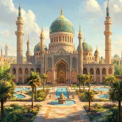 A Majestic Mosque with a Lush Courtyard and Palm Trees
