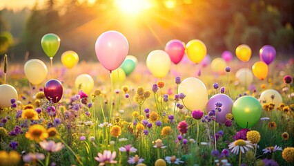 A field of vibrant wildflowers illuminated by the warm glow of the setting sun, adorned with a scattering of colorful balloons, creating a whimsical and cheerful scene.