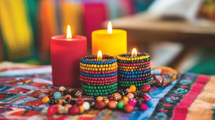 Beaded Candles on a Colorful Woven Fabric