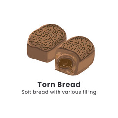 Hand drawn vector illustrator of Roti sobek or Torn bread or Roti kasur. Soft bread filled with chocolate, cheese, jam and nuts