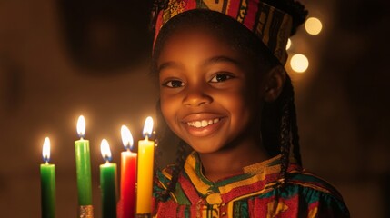 A Young Girl in Traditional Attire Smiles Before Lit Candles