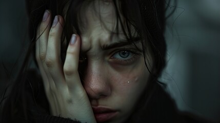 Fototapeta premium Close-up Portrait of a Woman with Sad Eyes and Tears