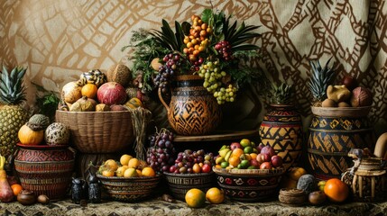 Still Life with Tropical Fruits, Grapes, and Woven Baskets