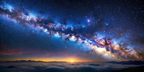 Naklejka premium A Night Sky Tapestry of Stars and Nebulas Above Silhouetted Mountains and a Sea of Clouds