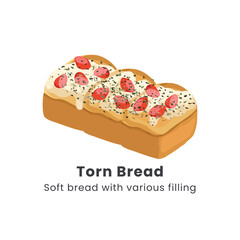 Hand drawn vector illustrator of Roti sobek or Torn bread or Roti kasur. Soft bread filled with chocolate, cheese, jam and nuts