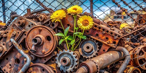 A cluster of vibrant yellow flowers thrives amidst a chaotic arrangement of rusted metal parts, a testament to the resilient beauty that emerges from discarded remnants of industry.