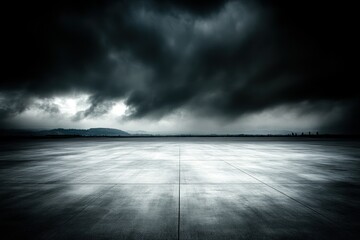 A moody landscape with dark clouds over a vast, empty concrete surface.