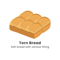 Hand drawn vector illustrator of Roti sobek or Torn bread or Roti kasur. Soft bread filled with chocolate, cheese, jam and nuts