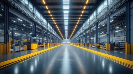 Fototapeta premium Spacious industrial warehouse with bright lighting and clear pathways.