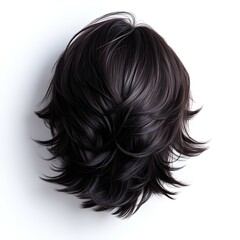 Naklejka premium A stylish, layered black wig with soft, wavy hair, showcasing a modern, voluminous look from a top-down perspective.