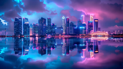 Obraz premium Vibrant city skyline at night with reflections on water and neon lighting