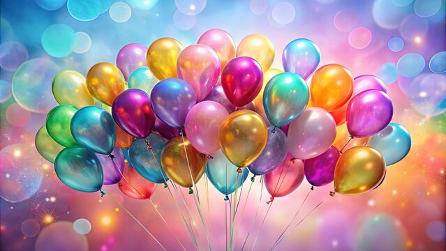 A vibrant cluster of shimmering balloons, each a unique hue, ascends against a backdrop of soft, twinkling lights, creating a celebratory and joyous atmosphere.