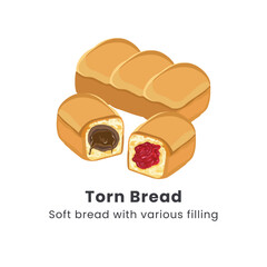 Hand drawn vector illustrator of Roti sobek or Torn bread or Roti kasur. Soft bread filled with chocolate, cheese, jam and nuts