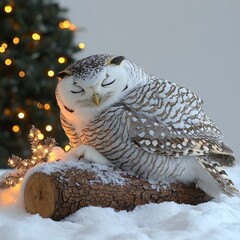 Snowy Owl Napping on a Log with Christmas Lights