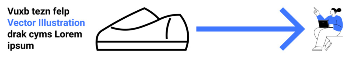 Sneakers, blue arrow, person sitting on an arrow with a laptop, open book. Ideal for education, e-learning, digital progress, direction, technology, study, and goal setting. Landing page