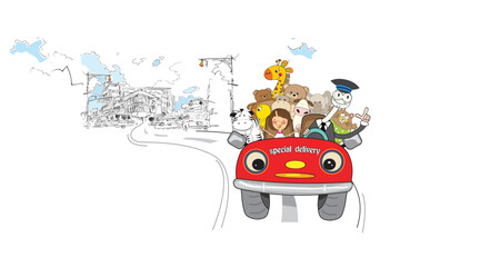 illustrations of many cartoon characters in a red car.red car illustration in the city road. for tshirt, banner, poster