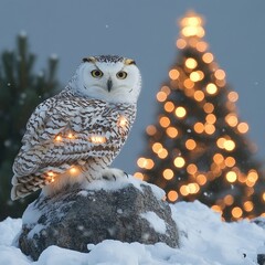 Snowy Owl with Christmas Lights and Tree