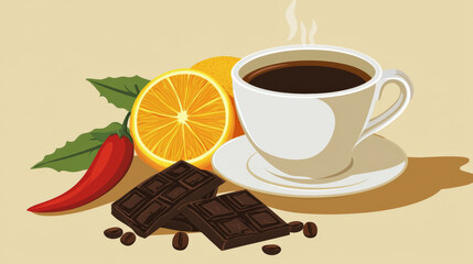 coffee cup with chocolate, chili pepper, and citrus fruits creates vibrant and flavorful composition. warm tones evoke sense of comfort and indulgence