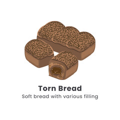 Hand drawn vector illustrator of Roti sobek or Torn bread or Roti kasur. Soft bread filled with chocolate, cheese, jam and nuts