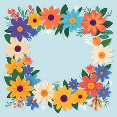 Colorful Floral Frame with Blue Background