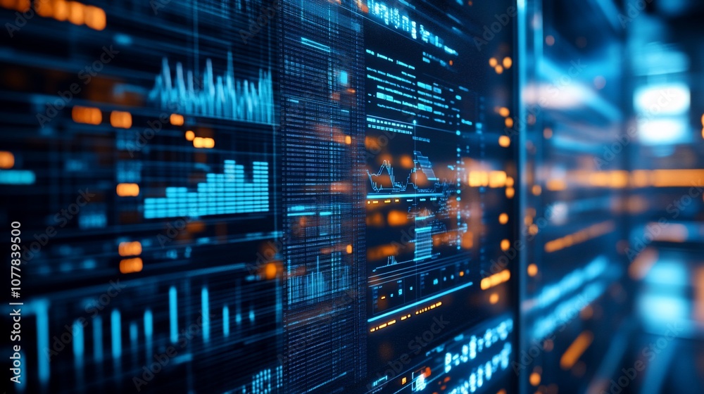 Poster Close-up of a server rack with blue and orange data visualizations and code displayed on the screen.