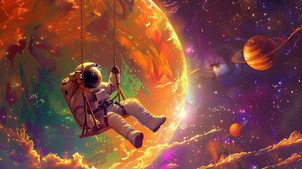 Astronaut on a cosmic swing in vibrant outer space with colorful planets