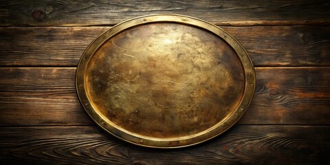 An aged brass shield rests on weathered wooden planks, its surface reflecting the passage of time.
