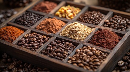 A wooden tray filled with various spices and coffee beans.