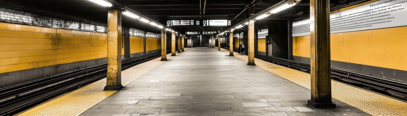 A subway station platform with yellow walls and dim lighting, creating an urban atmosphere.