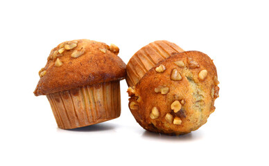 An espresso banana nut muffin isolated on pure white background