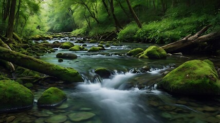 Tranquil forest stream flowing through lush green trees.