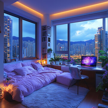 Cozy Room in a Highrise Apartment Building, Soft Purple Decor with Stobe Lights and Computer Desk, City View Outside of Floor-to-Cieling Windows	