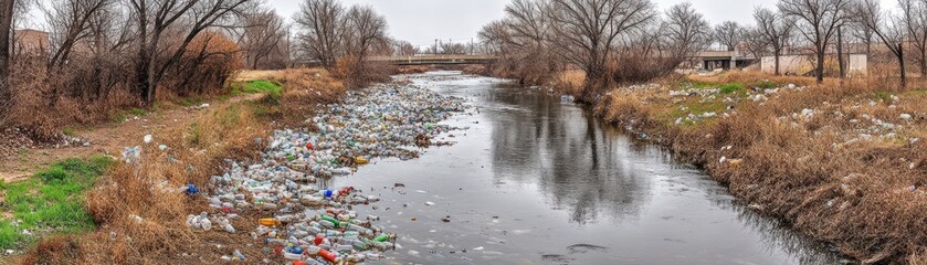 A polluted river littered with plastic waste and debris, highlighting environmental issues.