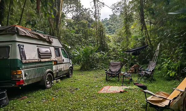 Van Life Camp in Dense Jungle Environment with ai generated.
