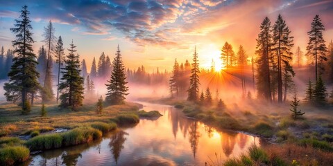 A Serene Dawn Over a Mist-Shrouded Forest River With Sun Rays Breaking Through the Clouds