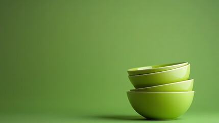 A minimalist image of a set of mixing bowls stacked against a solid green background. The vibrant green highlights the smooth curves of the bowls, creating a clean and organized visual.