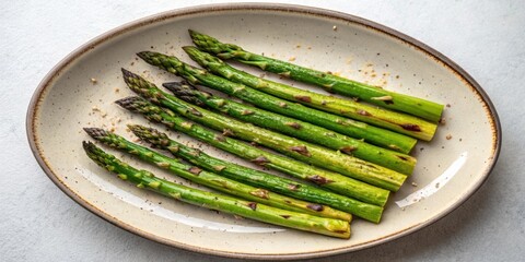 Asparagus Spears A row of lightly roasted asparagus spears arranged neatly on a plate. The asparagus is bright green with charred tips emphasizing both taste and health benefits.