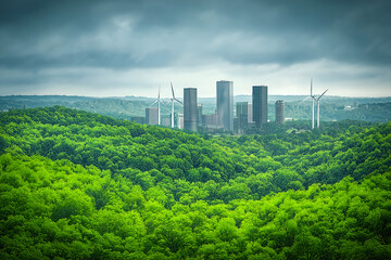Fototapeta premium An illustration of a lush green forest surrounding a modern city skyline, with wind turbines and solar panels integrated into the landscape, symbolizing a sustainable future.