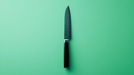 A minimalist image of a chefâ€™s knife isolated against a solid green background. The sharp blade and sleek handle stand out against the green background