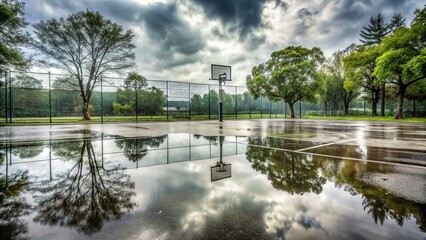 Serene Basketball Court After Rain with Reflective Water Puddles and Dramatic Cloudy Sky, Offering a Unique Perspective of Nature and Sports