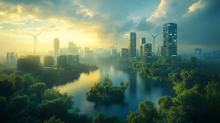 A vibrant cityscape merges nature and technology, featuring lush greenery, tall buildings, and wind turbines against a dramatic sky.