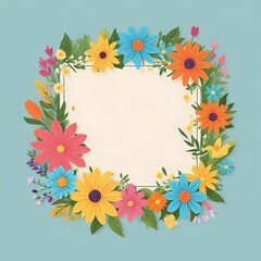 Fototapeta premium Colorful Flower Wreath Surrounding a Blank Paper Square