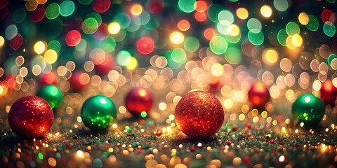 A Festive Composition of Red and Green Ornaments Resting Among Scattered Golden Lights and Sparkles