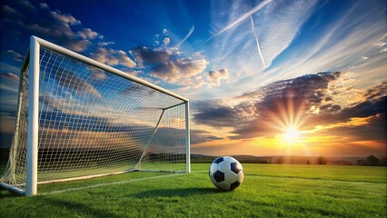 Scenic Sunset Over a Soccer Goal with a Ball, Capturing the Essence of Outdoor Sports and the Beauty of Nature Combined in a Serene Environment