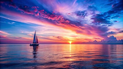 A Sailboat Navigates Tranquil Waters Under a Vivid Canvas of Crimson, Lavender, and Azure Hues