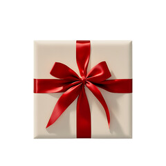 Gift Box with Red Ribbon Bow on Beige Background