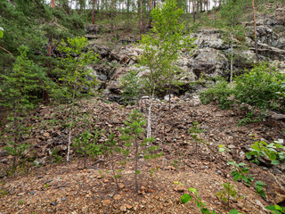 Fototapeta premium Southern Urals, Bashkir State Nature Reserve: rock dumps at abandoned mines for the extraction of chromite ore under Mount Bashart.