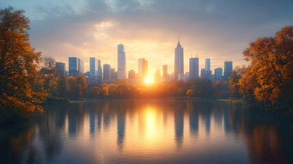 Fototapeta premium A serene sunset illuminates a city skyline, reflected in a tranquil lake surrounded by vibrant foliage.
