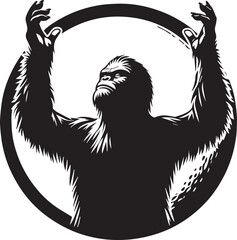 Bigfoot silhouette looking up at a full moon with arms raised