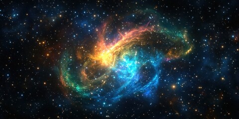 A vibrant cosmic scene depicting swirling colors and stars in a galaxy.